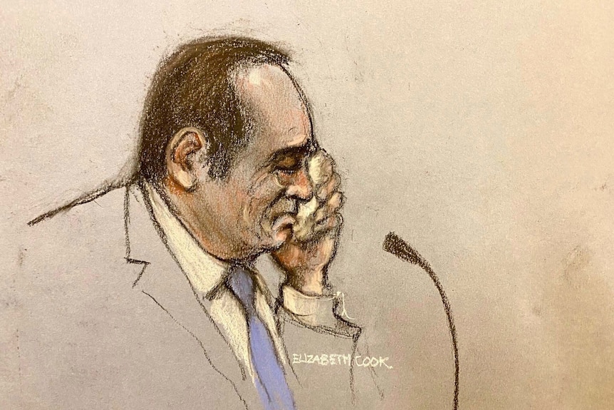 A court sketch of a man crying into a tissue