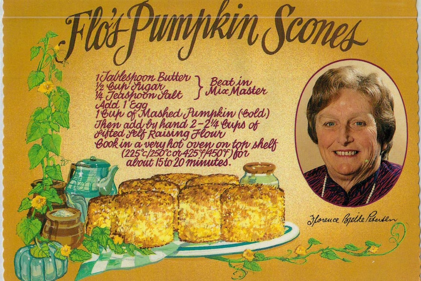 A postcard featuring the recipe for Lady Flo's pumpkin scones.