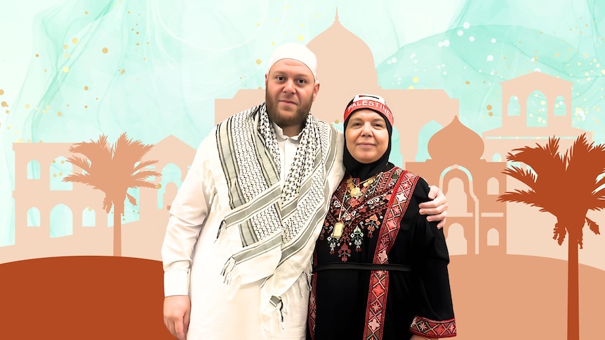Sheik Shadi stands with hisleft arm around his mother on a beige and blue background.