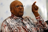 Archbishop Desmond Tutu speaks at a media conference after the Dalai Lama announced that he will not travel to South Africa.