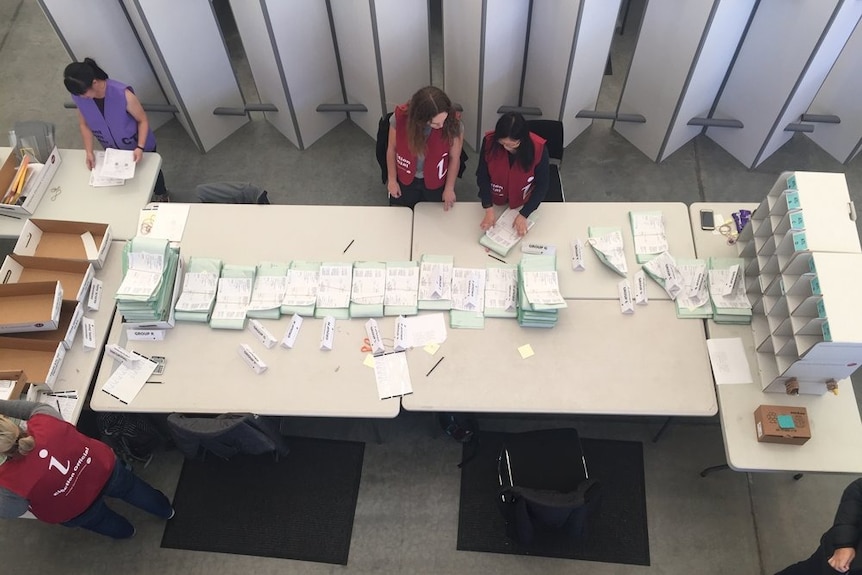 Officials sort piles of votes on a table.