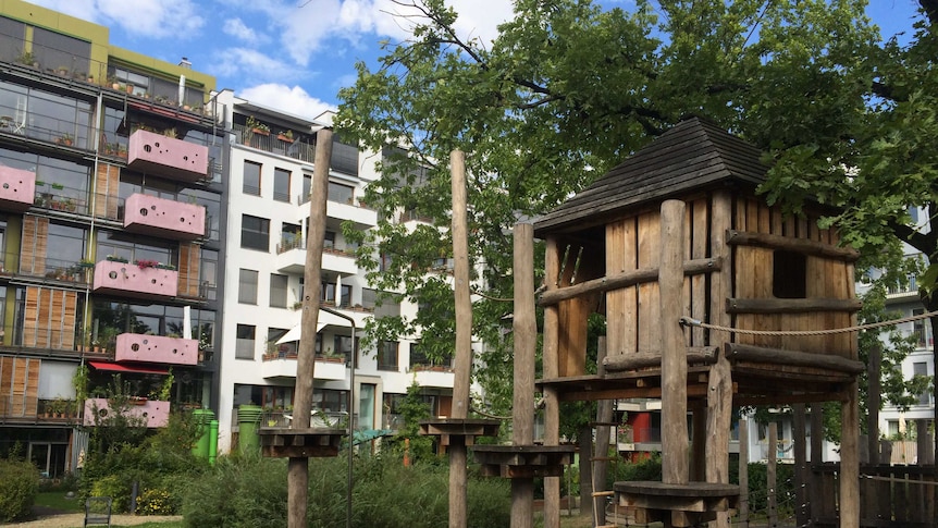 A communal garden at a Baugruppen apartment development in Berlin.