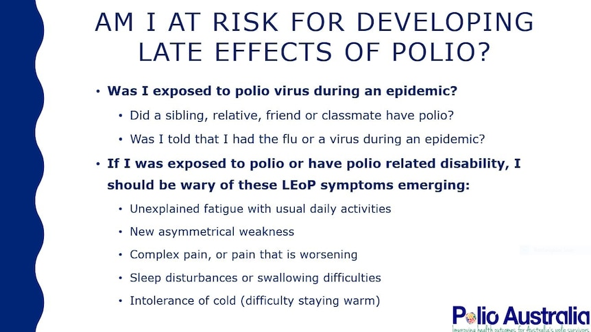 Une diapositive décrivant les effets tardifs de la polio