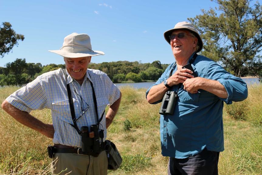 Chris Davey and Dr Peter Fullagar on Spinnaker Island where they survey silver gulls.