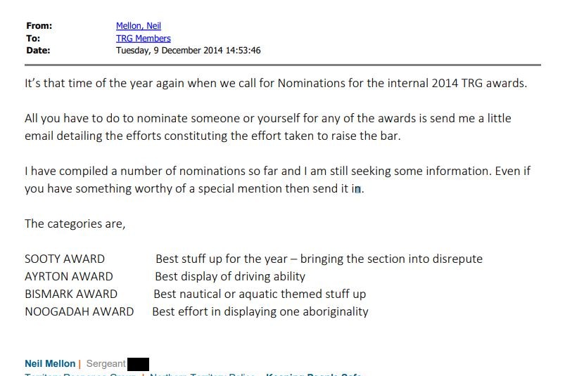 an emailing detailing racist awards for nt police officers