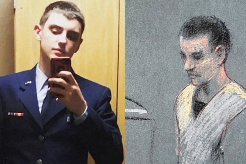 Two photos, on the left self photo of Jack Douglas Teixeira in uniform and on the right a sketch of him in court