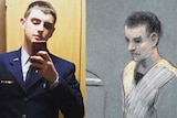 On the image's left side Jack Douglas Teixeira, wearing a uniform, takes a selfie. The right side shows a court sketch of him.
