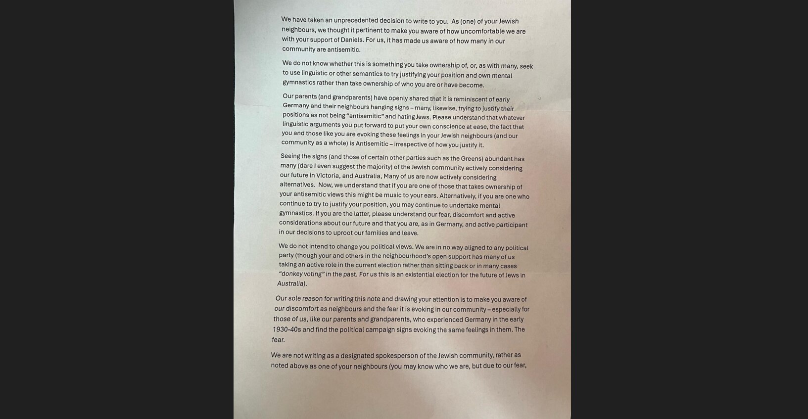 'Upsetting' anonymous letters accuse teal supporters of antisemitism ...