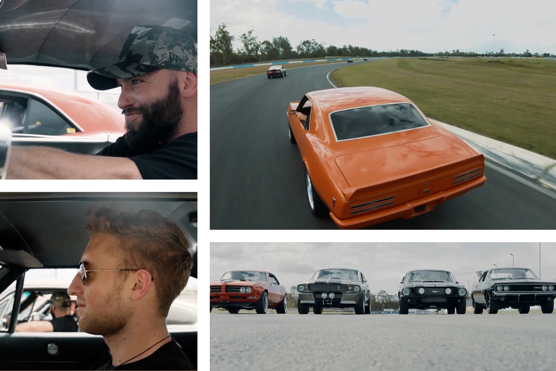 a mosaic of two young men driving vintage cars