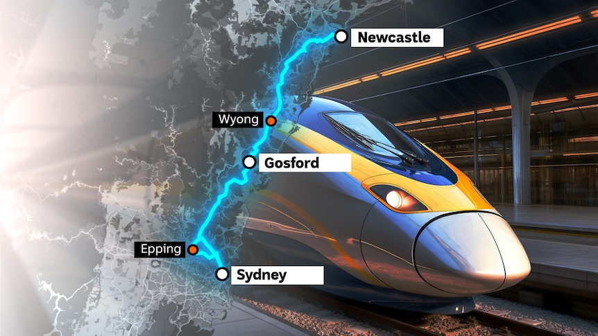 A map of Newcastle to Sydney train line. The nose of a bullet train. 