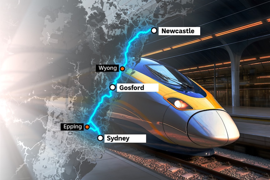 A map of Newcastle to Sydney train line. The nose of a bullet train. 