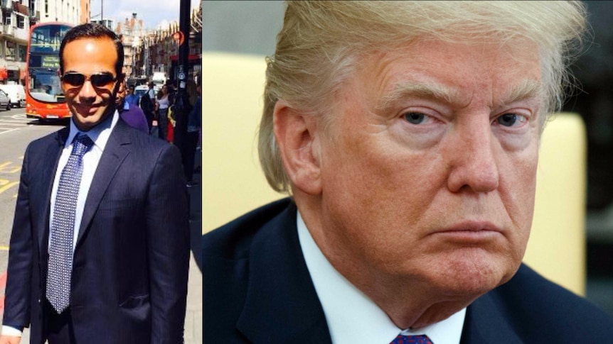 A composite image of George Papadopoulos posing for a photo on a street and a head and shoulder photo of Donald Trump.