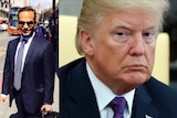 A composite image of George Papadopoulos posing for a photo on a street and a head and shoulder photo of Donald Trump.