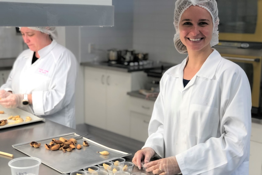 Two women in lab coats testing bunya nuts in a lab.