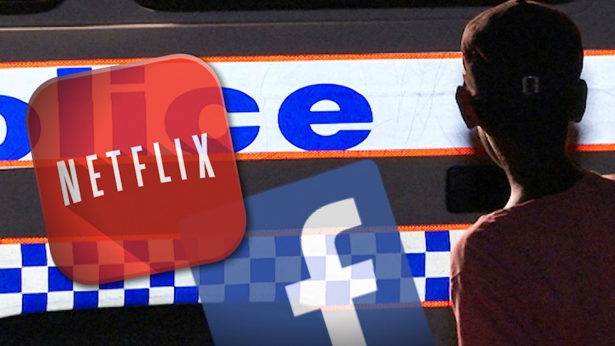 The Facebook and Netflix logos over the image of a young child looking at a police vehicle.