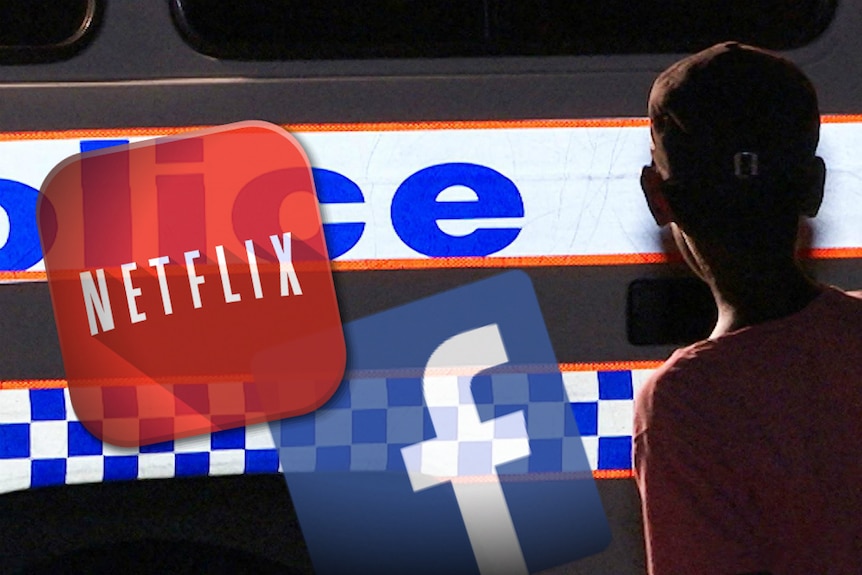 The Facebook and Netflix logos over the image of a young child looking at a police vehicle.