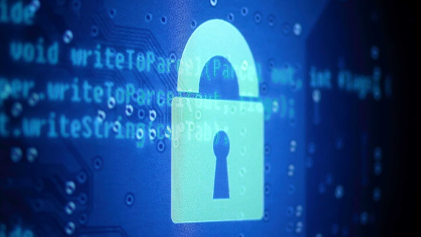 A white lock sign is illuminated over typed computer code on a blue background