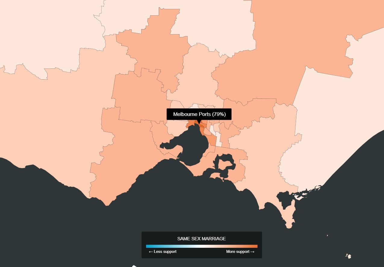 The seat of Melbourne Ports has 79 per cent support for SSM.