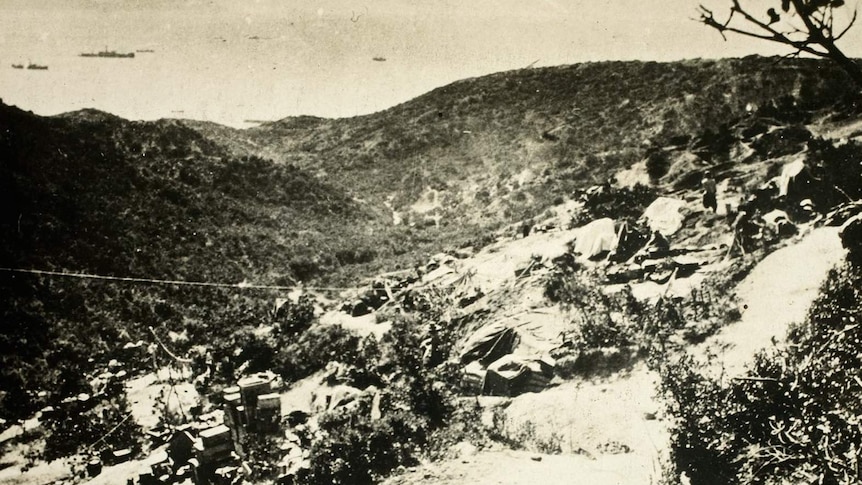 A postcard photo shows Shrapnel Gully, Gallipoli. The postcard was sent by Ebenezer Johnson to his sister E Johnson in October 1915.