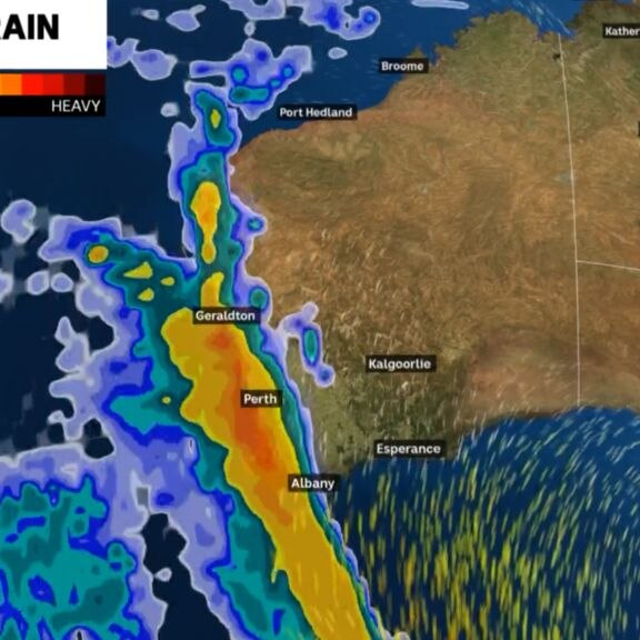 A rain chart showing a band of rainfall down the West Australian coastline.