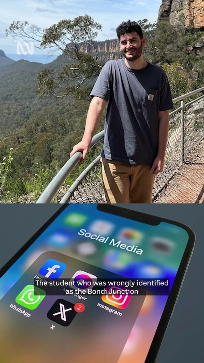Composite image shows young man standing at lookout in bush and a smartphone showing social media app launch buttons
