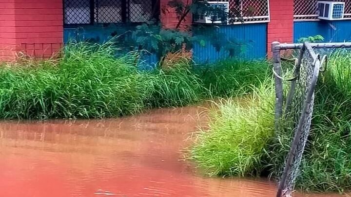 Rust-coloured floodwaters outside a brightly coloured house, amid long grass.