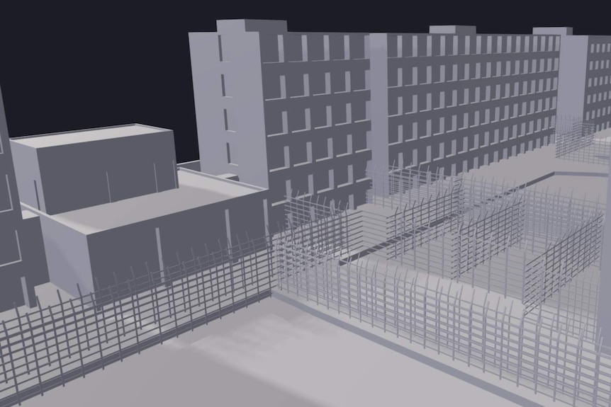 A 3D rendering showing internal fencing in a low-security detention camp in China's Xinjiang region.