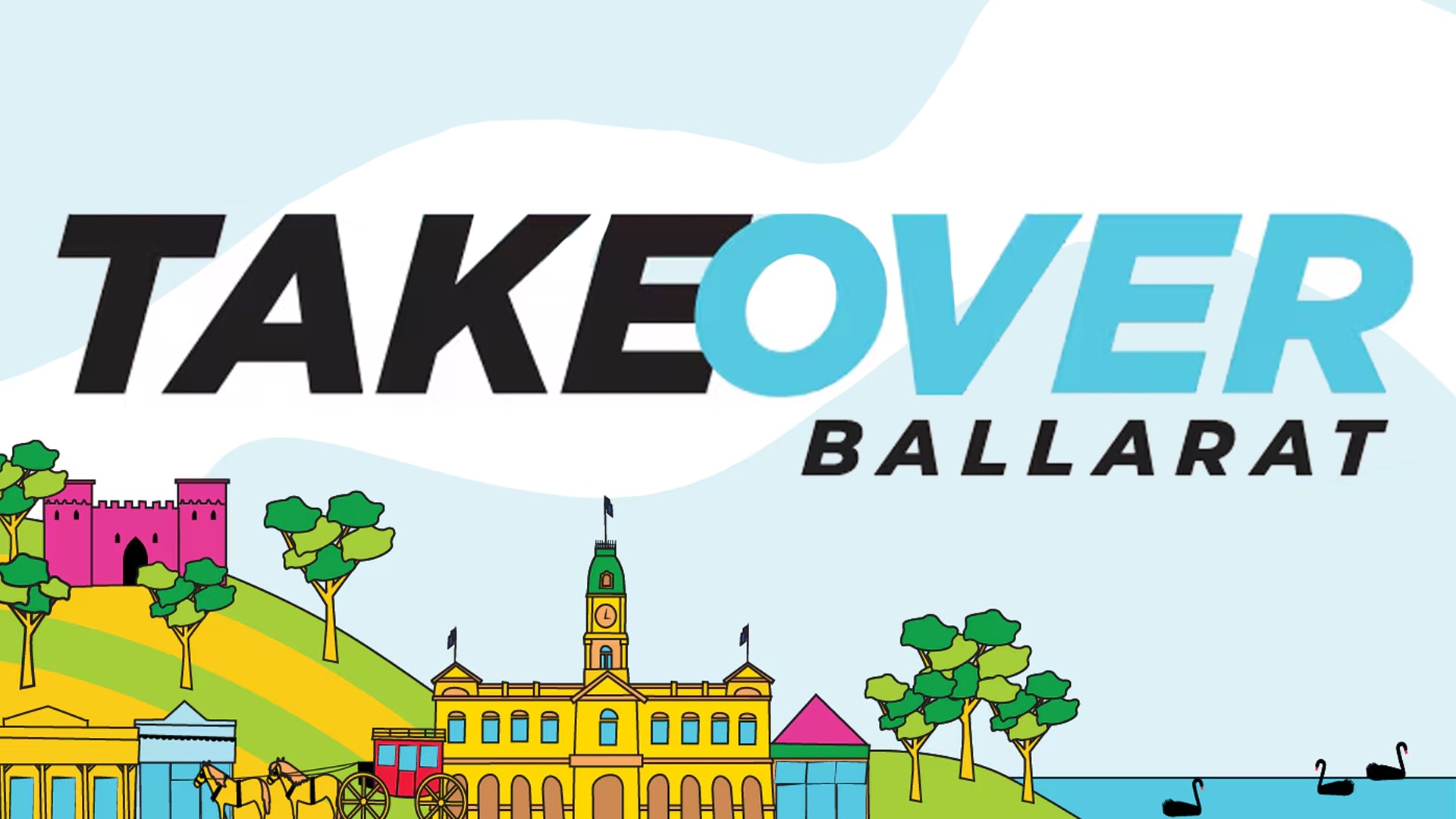 Illustration of a town hall, castle, horse-drawn cart, swans and trees. TakeOver Ballarat.