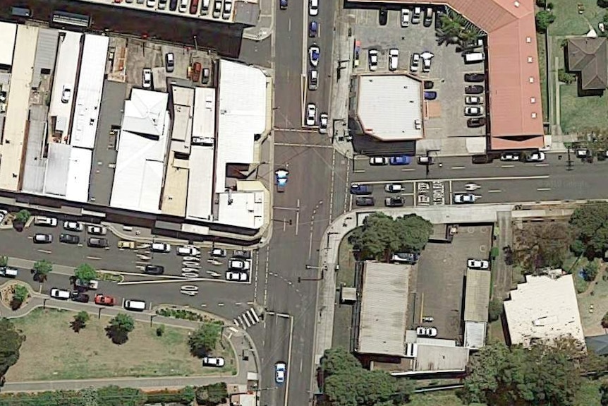 An intersection seen from above.