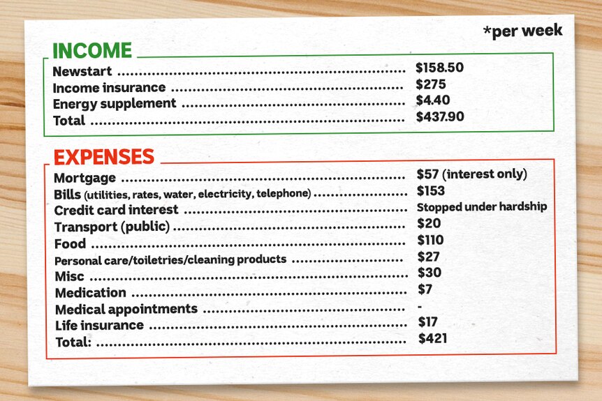 A list of Peter's income and expenses, including bills, transport, food.