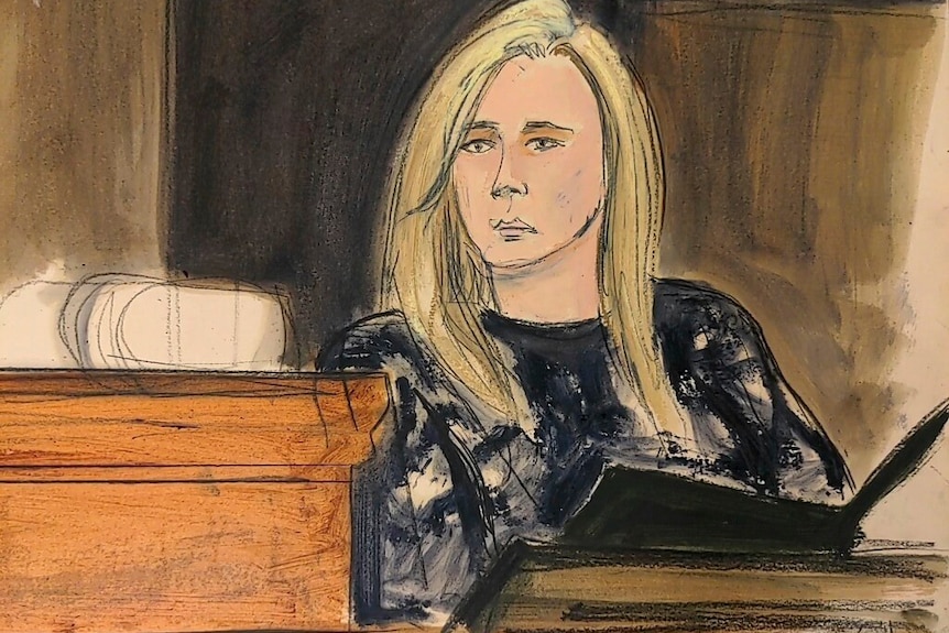 Courtroom sketch of blonde white woman giving testimony.