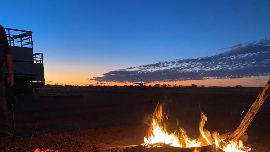 Camp fire at sunset in outback Queensland
