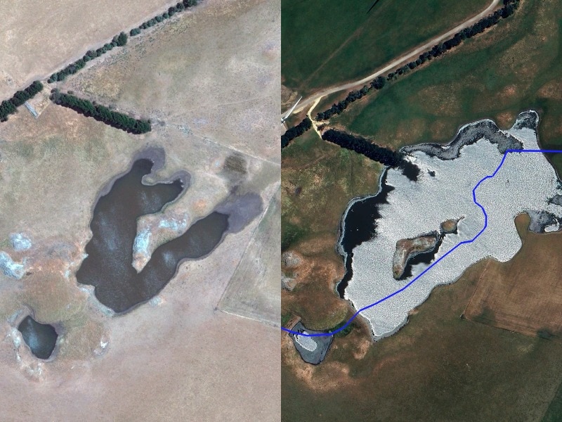 A composite showing a dam on farmland before and after its expansion.