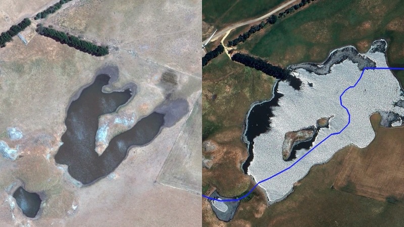 A composite showing a dam on farmland before and after its expansion.