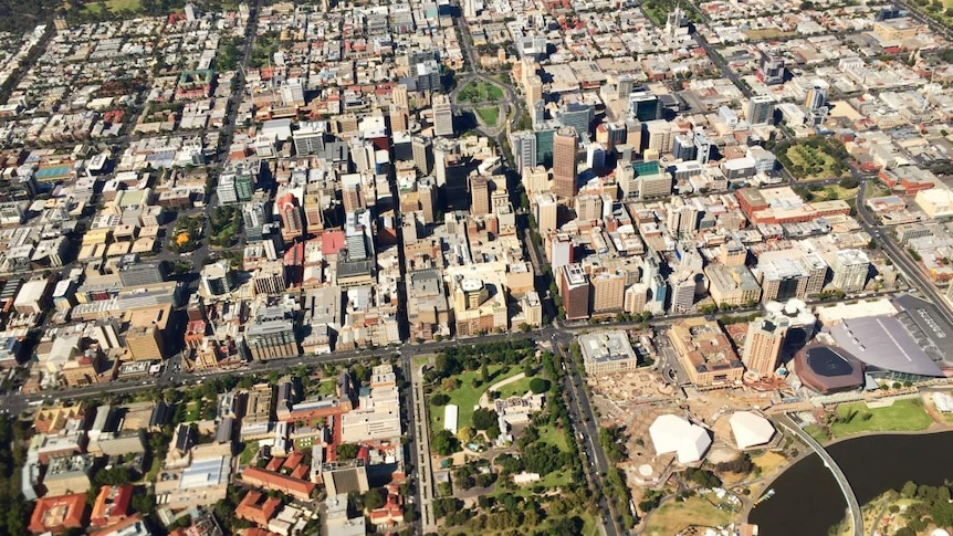 An aerial view of the Adelaide CBD streets and buildings.