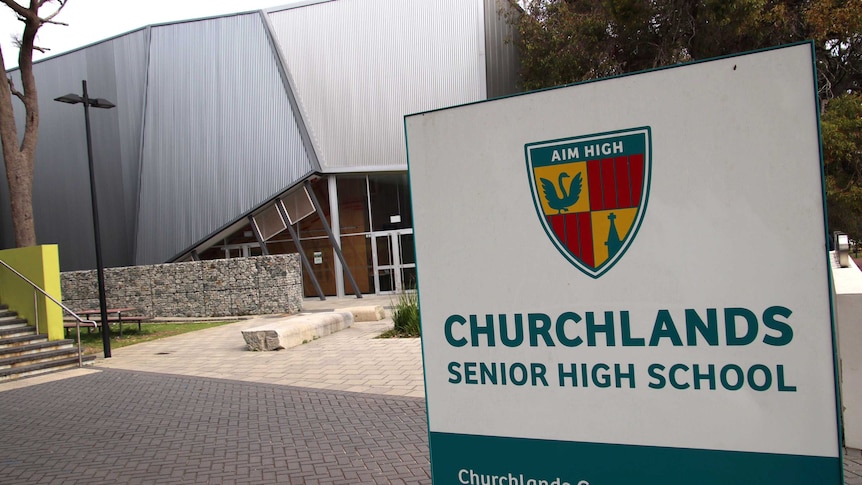 A sign reading Churchlands Senior High School on the edge of the school site.