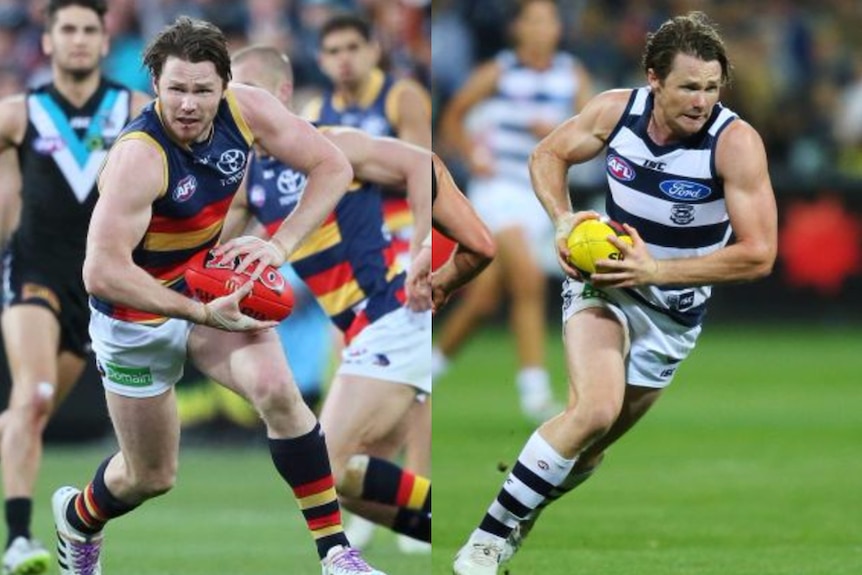 Composite image of Patrick Dangerfield playing for Adelaide and Geelong