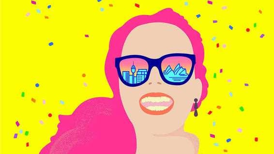 Colourful poster with yellow background, confetti and stylised woman with pink hair aadvertising Muriel's Wedding the Musical