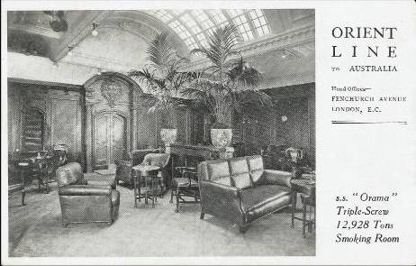 A black and white illustration of an ocean liner's Smoking Room in 1909.
