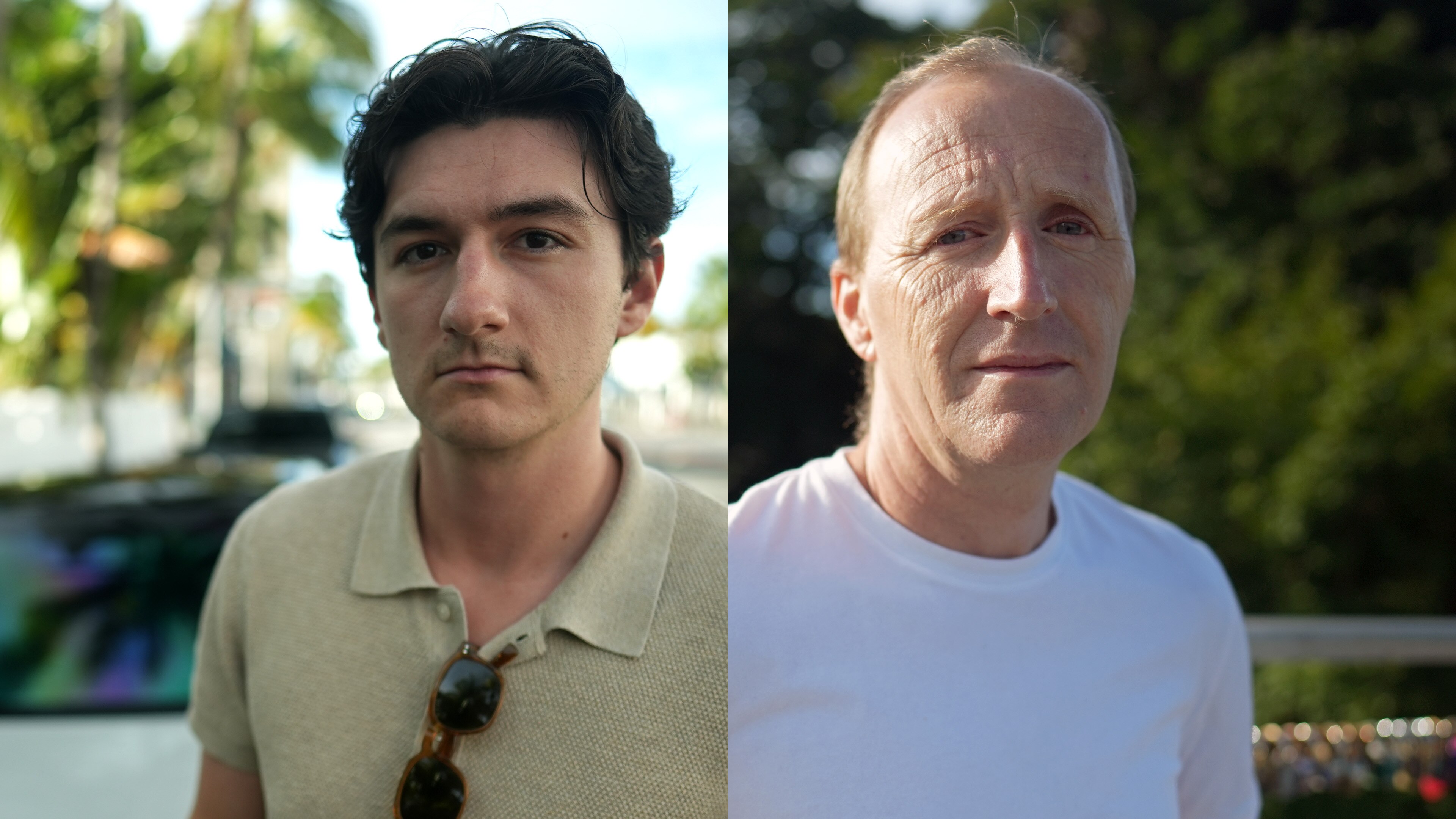 A composite image of two Caucasian men. One has dark hair and a beige polo, the other has thin blonde hair and a white t-shirt.