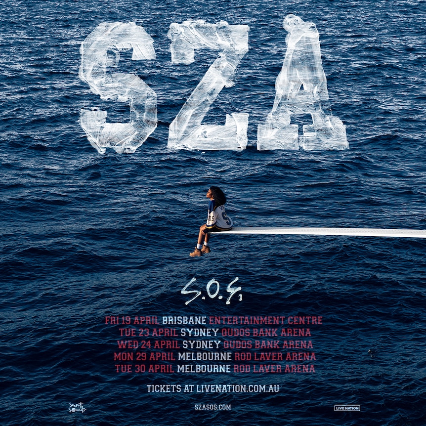 Tour poster for SZA shows her sitting on a long white diving board over the ocean with white text detailing the tour dates