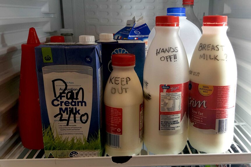 Bottles of milk marked 'keep out', 'hands off!!!' and 'breast milk...?' in the office fridge