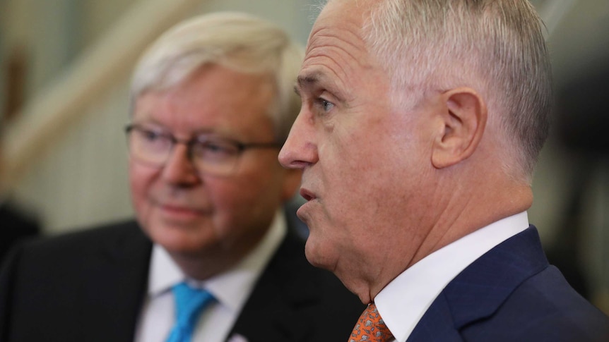 Kevin Rudd and Prime Minister Malcolm Turnbull at the 10th anniversary of the National Apology to the Stolen Generations.