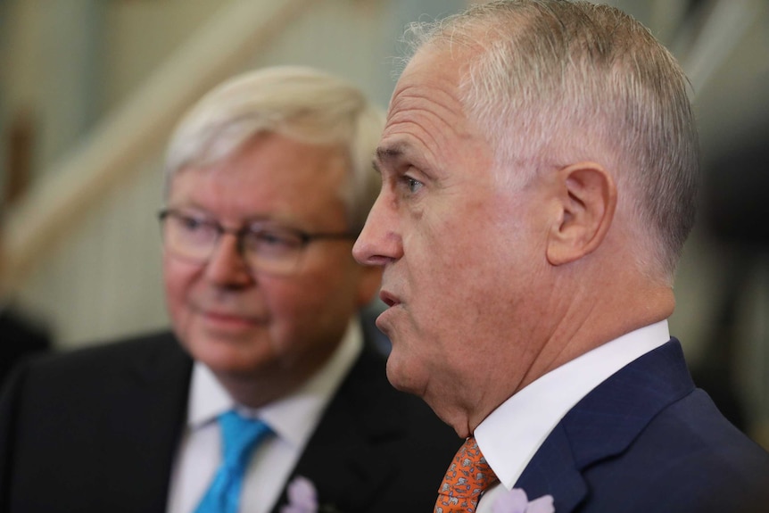 Kevin Rudd and Prime Minister Malcolm Turnbull at the 10th anniversary of the National Apology to the Stolen Generations.