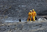 Two firefighters survey the blackened landscape around Bendigo on February 10, 2009.
