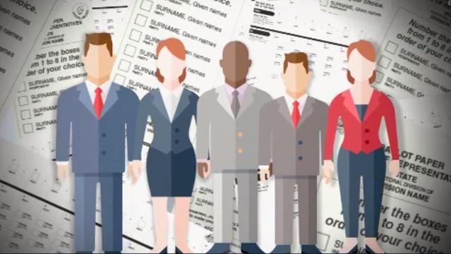 Graphic image of 5 corporate-looking figures, background shows voting ballots