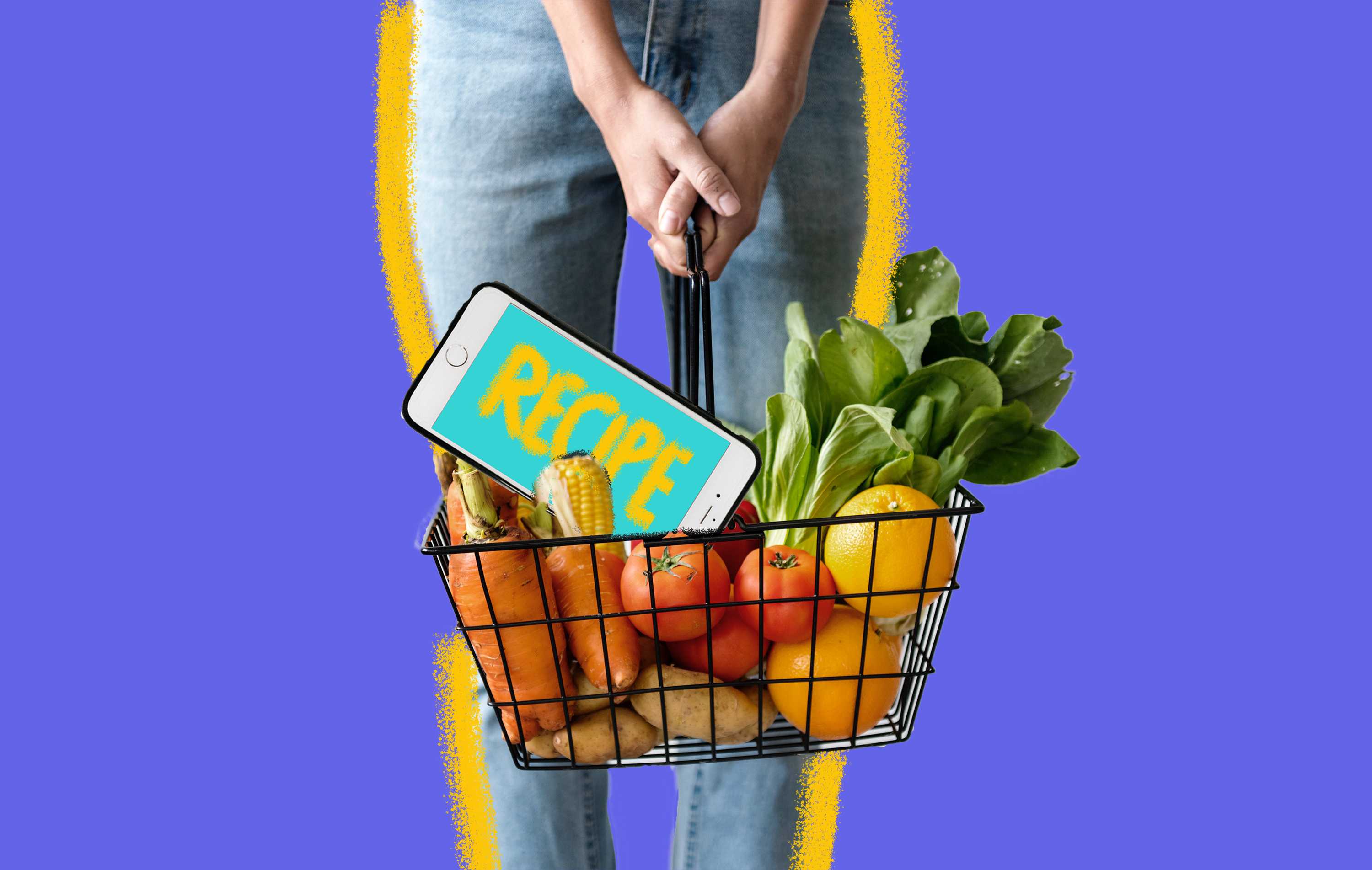 A woman holds a basket containing groceries and a smartphone designed to show ways to save time shopping