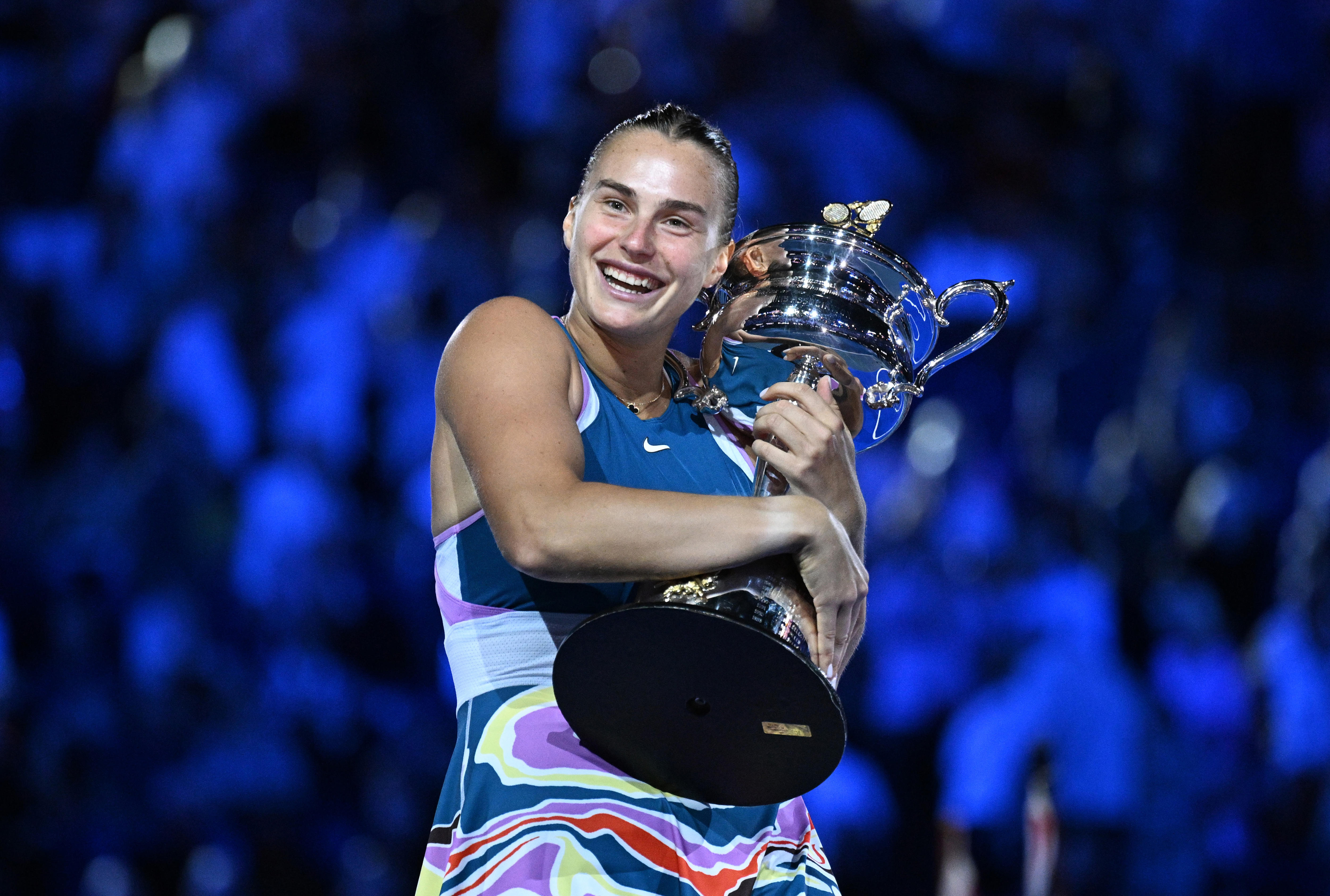 Aryna Sabalenka holds the Australian Open trophy.