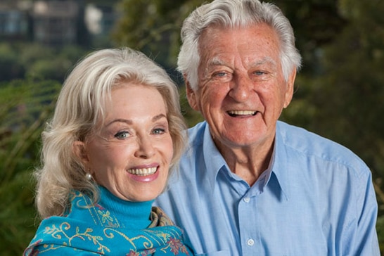 Blanche d'Alpuget (left) and Bob Hawke (right) stand side by side in 2014.