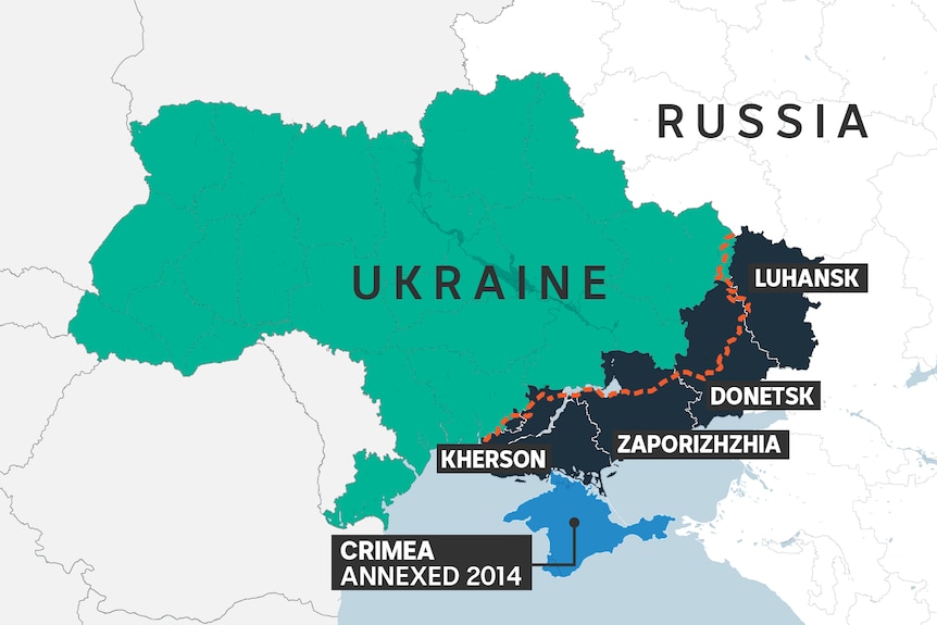 A graphic map shows regions of Ukraine annexed by Russia with the frontline highlighted in orange.